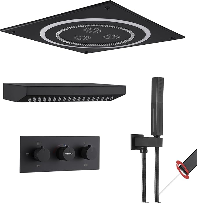 VANFOXLE Shower Faucet Set Matte Black Shower System,Shower Faucet with 2 in 1 Handheld,Ceiling Mount 19 Inch Shower Head+14 Inch Shoulder massager