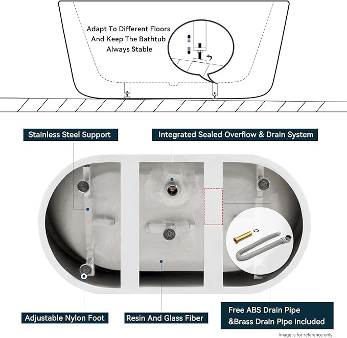 FerdY 47" Bali Acrylic Freestanding Bathtub, Gracefully Shaped Freestanding Soaking Bathtub, cUPC Certified, Toe-Tap Polished Chrome Drain and Minimalist Linear Design Overflow Included