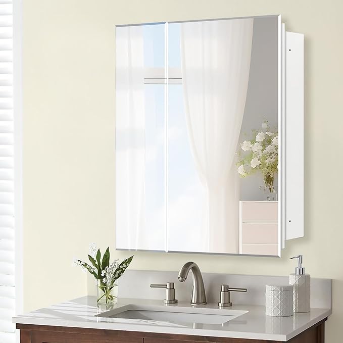Bathroom Medicine Cabinet with 30x26 in Rectangular Beveled Frameless Mirror,Double Door Wall Mounted Mirror Cabinet for Bathroom Toilet Kitchen,Recess or Surface Mount