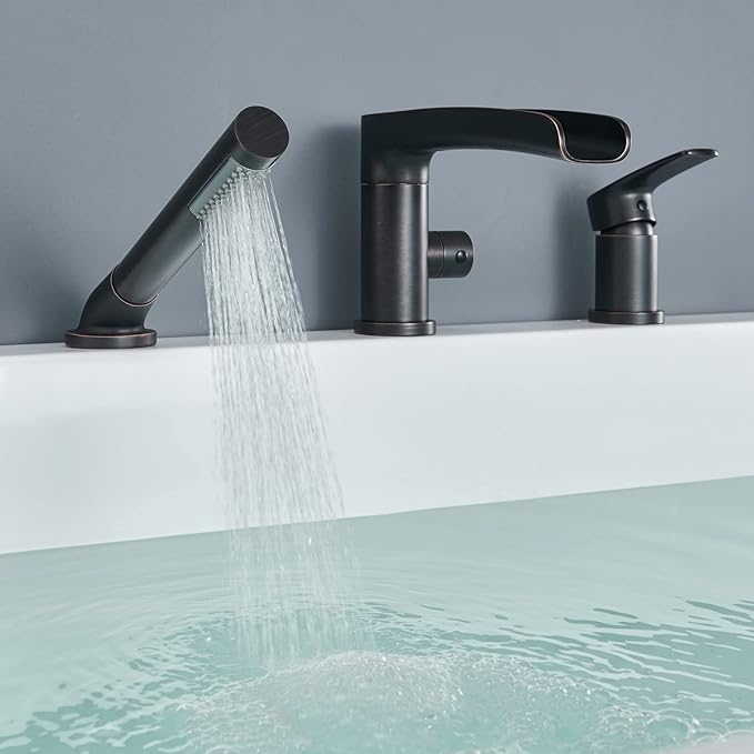 Waterfall Roman Tub Faucet Oil Rubbed Bronze Deck Mount Bathtub Faucets Brass Tub Filler Bathroom Faucets with Hand Shower