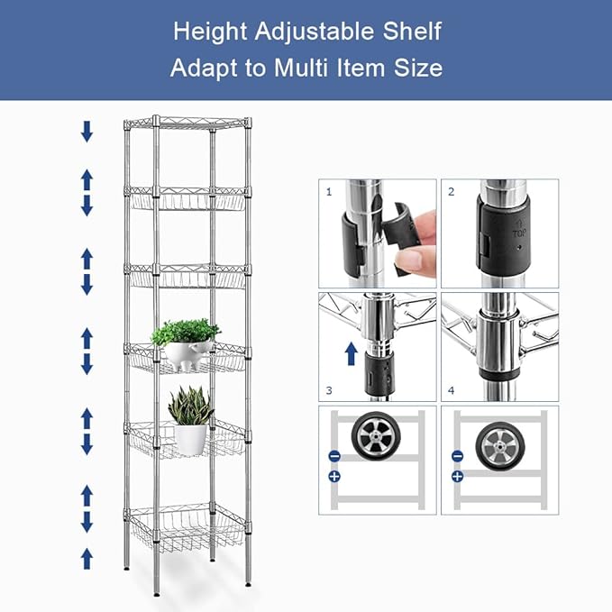 BNSPLY 6 Tier Wire Shelving Unit with Baskets Shelving, Height Adjustable Wire Shelves, Metal Storage Rack for Kitchen, Bathroom, Laundry Closet (13.5" D x 13.5" W x 63" H, Silver)