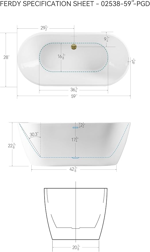 FerdY 59" Bali Acrylic Freestanding Bathtub, Gracefully Shaped Freestanding Soaking Bathtub, cUPC Certified, Toe-Tap Polished Gold Drain and Minimalist Linear Design Overflow Included