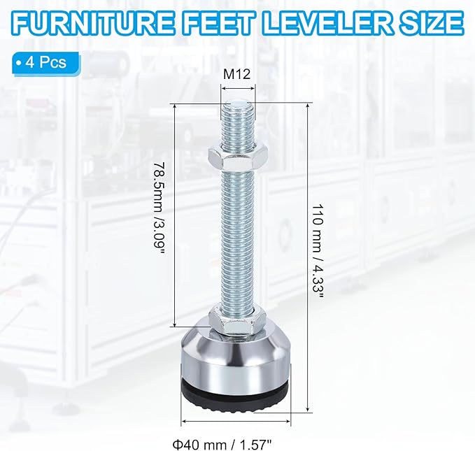 PATIKIL Furniture Leveling Feet 1.6" Dia Base M12 Thread, 4 Pcs Carbon Steel Adjustable Threaded Furniture Leveler Screw on Leg Leveler with Pads for Desk Chair Cabinet, Black