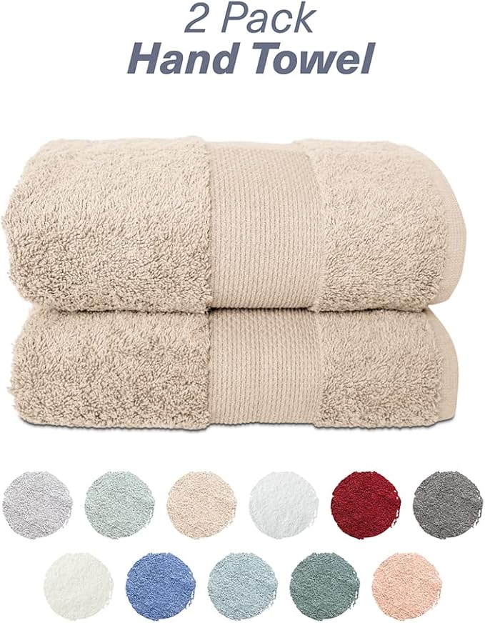 Hencely Luxury Hand Towel - Set of 2 (16x28 Inches) - Soft Turkish Cotton, Absorbent, Quick-Drying Face, Body, Kitchen, and Bathroom Towel (Hand Towels 2 Pack, Beige)