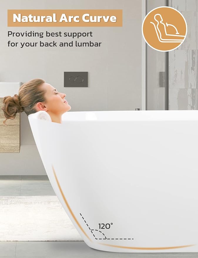Acrylic Bathtub 55 Inch, Freestanding Deep Soaking Bath Tub with Brushed Overflow and Drain, Contemporary Gloss White Freestanding Bathtub