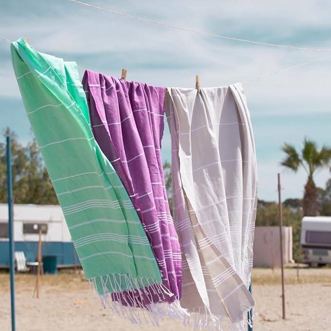 BAY LAUREL Turkish Beach Towel with Travel Bag 39 x 71 Quick Dry Sand Free Lightweight Large Oversized Towels Light (Blue with Red Bag)