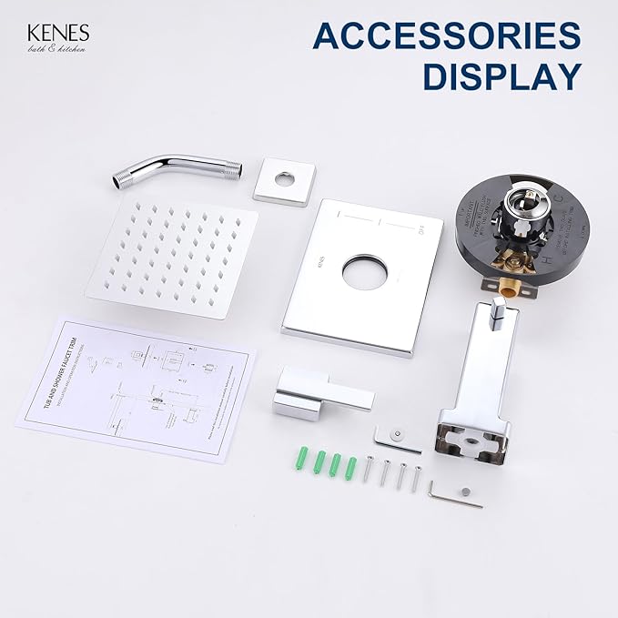 KENES Chrome Tub and Shower Trim Kit, Square Tub Shower Faucet Set Complete with 6-Inch Rainfall Shower Head and Tub Spout, KE-6025A-5 (Shower Valve Included)