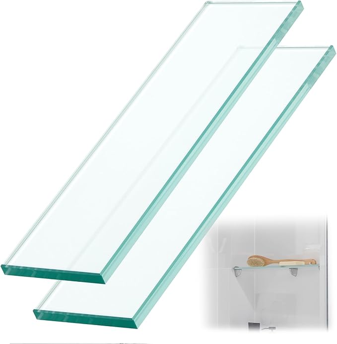 2 Pcs 13-5/8" X 4-1/4" X 3/8'' Thick Tempered Glass Shelf Clear Flat Polished, Flush-Mounted Floating Shelf for Bathroom Essentials & Shower Niche No Mounting Hardware Required