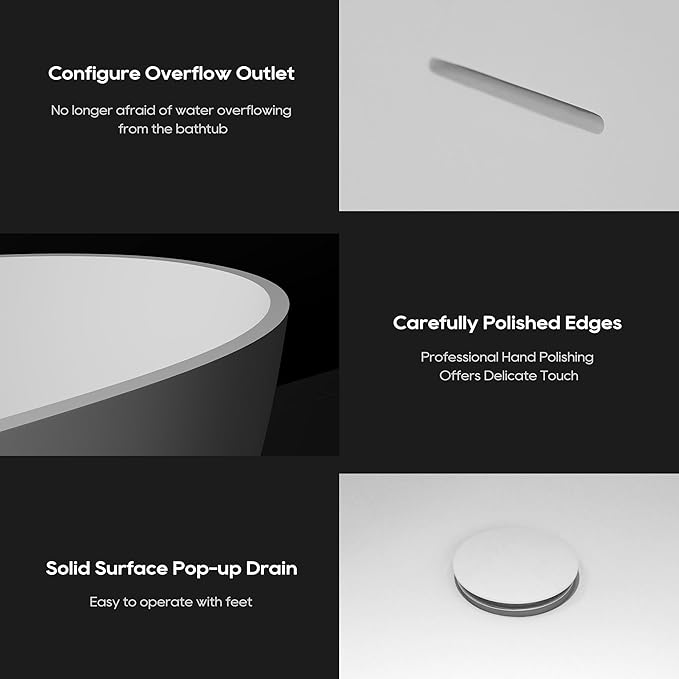 SJ STAR&JANE 51" Solid Surface Freestanding Bathtub, Stone Resin Oval Soaking Tub, Matte White，with Pop-up Drain & Overflow