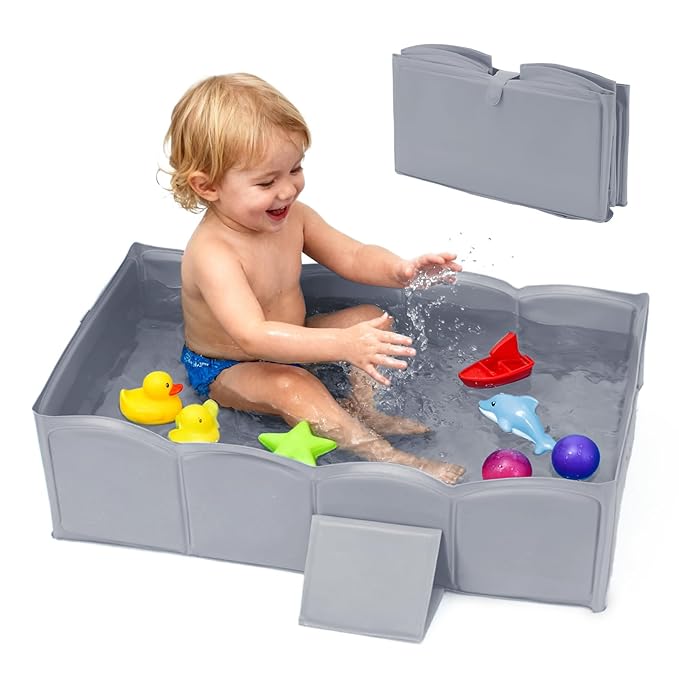Collapsible Baby Bathtub for Shower,Reinforced Structure Infant Foldable Bath Tub with Non-Slip Base,Portable Space-Saving Kids Bath Tub for 6M to 4Years,Suitable for Outdoor, Travel Use(Grey)