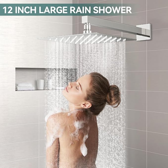 Shower Faucet Set Chrome Shower System, Starbath 12" Rain Shower Head and Handheld Spray Shower Set Complete Wall Mounted, 2 Way Pressure Balance Shower Valve and Trim Kit Included
