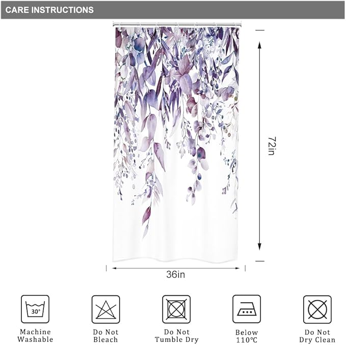 Riyidecor Small Stall Rv Narrow Single Shower Curtain for Bathroom Decor 36Wx72H Stand Up Half Purple Eucalyptus Plants Leaves Botanical Art Printed Fabric Polyester Waterproof 7 Pack Plastic