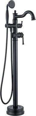 Freestanding Floor Mount Tub Filler with Handheld Shower Roman Bathtub Faucet by Matte Black Finish, Swivel Spout with Brass Rough-in and Water Hose