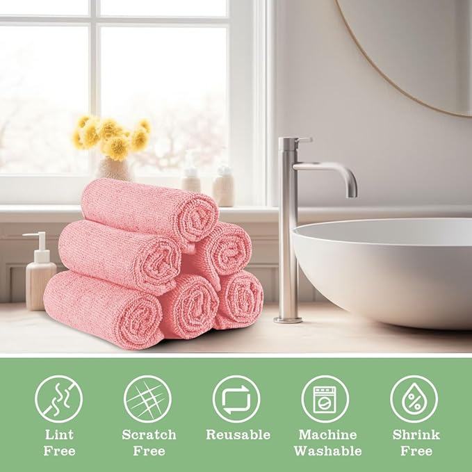 Washcloths Bulk - 100 Pack - Face Towels (12" x 12"), Highly Soft Wash Cloths and Hand Towels, Fast Drying Multi-Purpose Microfiber Cleansing Cloths for Bathroom, Hotel, Spa, and Salon - Pink