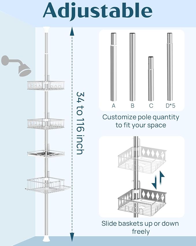 SElRIONE Corner Shower Caddy Tension Pole, Quick Setup, Rust-Free Bathroom Shower Organizer Corner for Bathtub Shampoo Storage, 4-Tier Adjustable Shelf, Drill Free, Fits 34 to 116 Inch Height