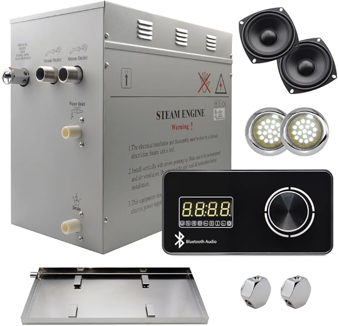 Superior Encore Plus 12kW Steam Shower Generator Kit with Horizontal Black Keypad, Drip Pans & White Lights | Bluetooth Audio|Self-Draining Steam Bath Generator|One-click Connection Cord|