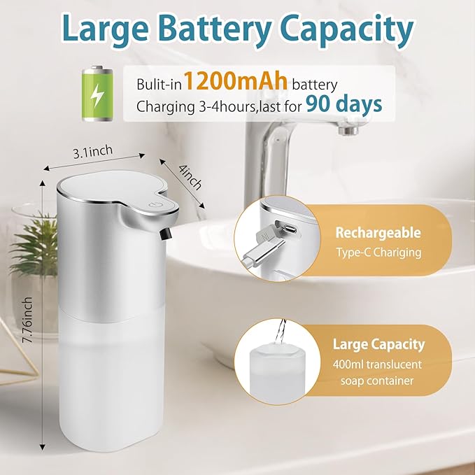 Automatic Liquid Soap Dispenser with 4 Adjustable Volume Control, Touchless Rechargeable Hands Free Auto Soap Dispenser for Kitchen, Bathroom, Hotel, Restaurant,13.5oz/ 400ml