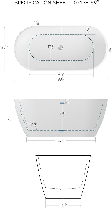 FerdY 59" Bali Elite Acrylic Freestanding Bathtub, Gracefully Shaped Freestanding Soaking Bathtub, Toe-Tap Chrome Drain and Minimalist Linear Design Overflow Included, cUPC Certified