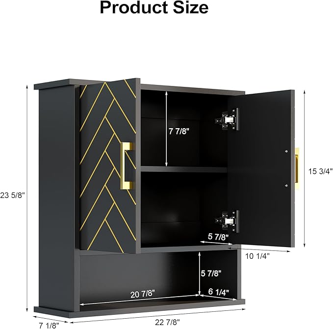 Black Chevron Pattern Bathroom Wall Cabinet, Modern Hanging Medicine Cabinet with Gold Hardware, Space-Saving Over Toilet Storage Organizer (23 5/8" x 22 7/8" x 15 3/4")
