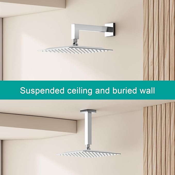 Square Rain Shower Head, High Flow Stainless Steel,Work with any decorative style，All Metal Rainfall Shower Head (Chrome, 10)