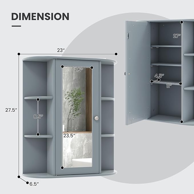 Tangkula Bathroom Medicine Cabinet, Wall Mounted Storage Cabinet with Mirror Door, Removable & 3 Adjustable Shelves, Wooden Hanging Wall Mirror Cabinet for Bathroom Living Room Laundry (Grey)