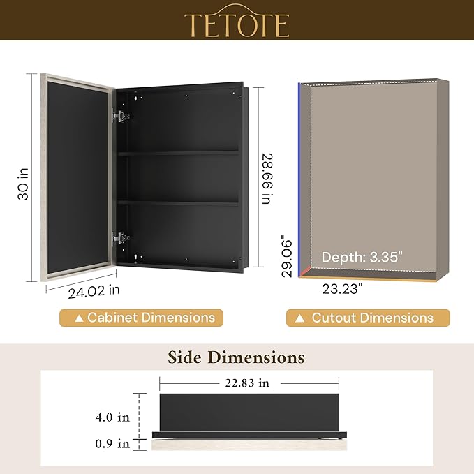 TETOTE Brushed Nickel Medicine Cabinet 24" x 30" Bathroom Mirror with Storage HD Glass Beveled Aluminum Frame Stepless Adjustable Shelves, Recessed or Wall Mount