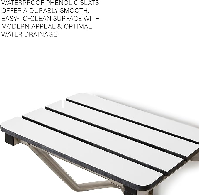18" x 15" Phenolic White 3” Slats Folding Wall Mount Shower Seat Bench, ADA Compliant