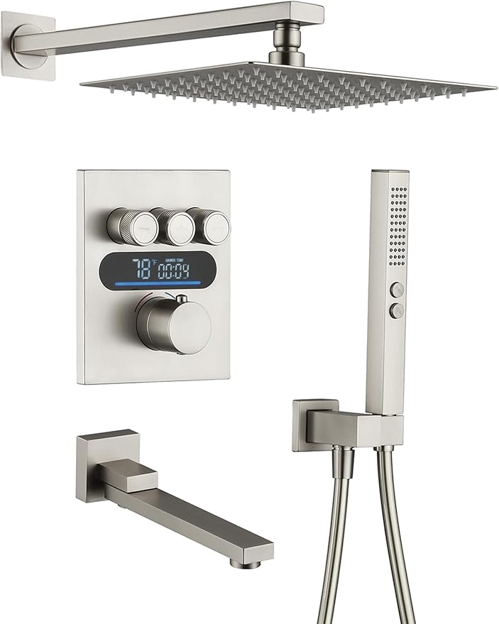 Lefton Shower System in Fahrenheit Display (Battery-free), 10” Overhead Shower Head with All-in-one Handheld Spray Showerhead and Bathtub Faucet, 4-in-1 Control System, SSWM2502 (Brushed Nickel)