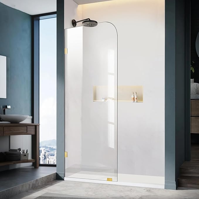 Bathroom Shower Door, 24" W ×78" H Fixed Shower Glass Panel with Clamps, 3/8" (10mm) Glass Shower Doors, Clear Tempered Frameless Shower Panel in Brushed Gold