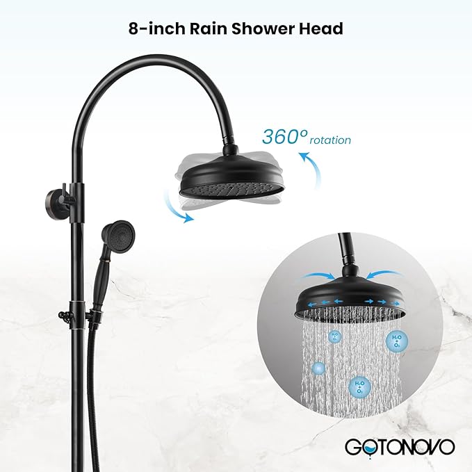 gotonovo Exposed Bathroom Shower System Classic Shower Kit 8 Inch Luxurious Rainfall Shower Head Handheld Spray Tub Filler Brass Pipe 3-Function Wall Mount Double Cross Knobs Oil Rubbed Bronze