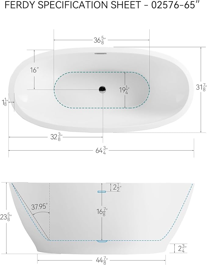 FerdY Koh Samui 65" Acrylic Freestanding Bathtub, Oval Contemporary Soaking Bathtub, Glossy White, cUPC Certified, Toe-Tap Chrome Drain & Overflow Assembly Included