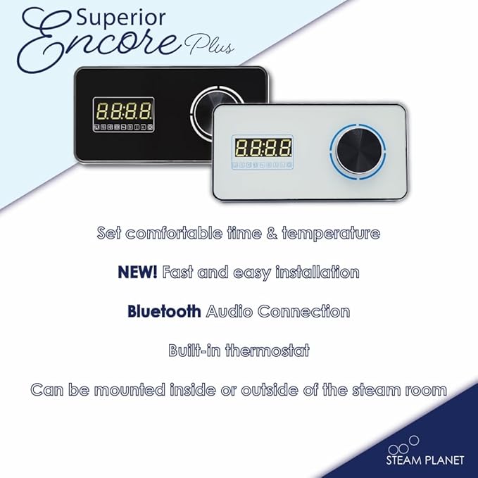 Superior Encore Plus 24kW Steam Shower Generator Kit with Horizontal Black Keypad, Drip Pans & White Lights | Bluetooth Audio|Self-Draining Steam Bath Generator|One-click Connection Cord|