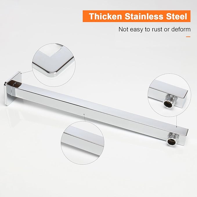 HarJue Shower Arm, Rain Shower Head Extension Extender, With Flange and Teflon Tape, Made of Thicken Stainless Steel for Bathroom Rainfall Shower (16 Inch, Chrome)