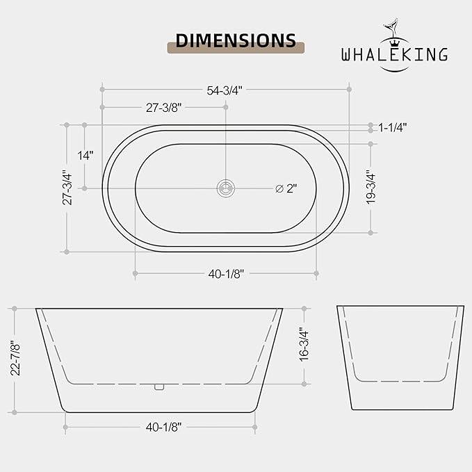 55 inch Freestanding Bathtub, Modern Soaking Stand Alone Bathtubs, Free Standing Acrylic Tub with Center Drain & Overflow, Glossy White