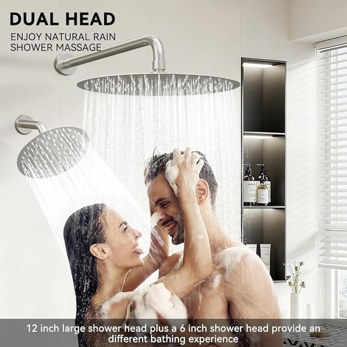 Shower Systems STARBATH 12+6" Round Dual Rainfall Shower Head with Handheld Spray for Two People, Wall Mounted 3 Way Rain Shower Faucet Sets Complete, Included Valve and Trim Kit, Brushed Nickel