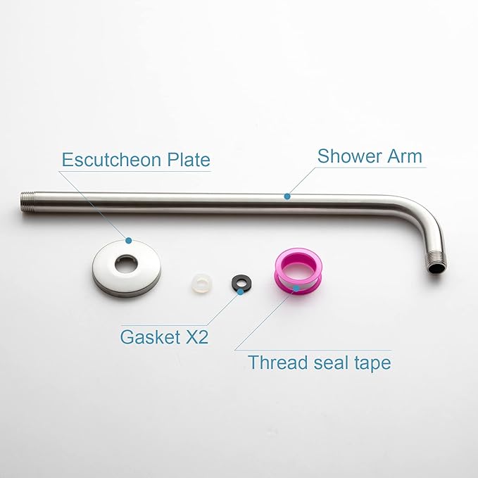 OFFO Shower Arm with Flange, 16 in Brushed Nickel Wall Mount Replacement Angle Shower Head Arm Wall-Mounted For Fixed Shower Head & Handheld Showerhead