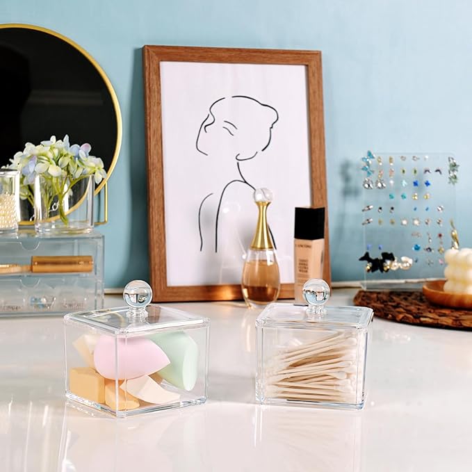 SheeChung Modern Square Qtip Holder Acrylic Bathroom Vanity Countertop Storage Organizer Canister Jar for Cotton Swabs, Rounds, Balls, Makeup Sponges, Bath Salts - 1 Pack - Clear