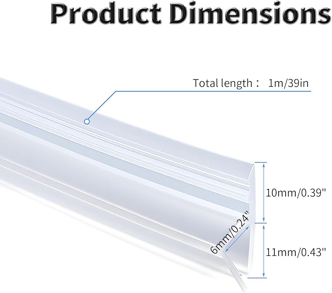 Shower Door Side Seal Strip,39 Inch H-Type Frameless Shower Door Seal, H-Type Shower Door Sweep for 1/4"(6mm) Thick Glass