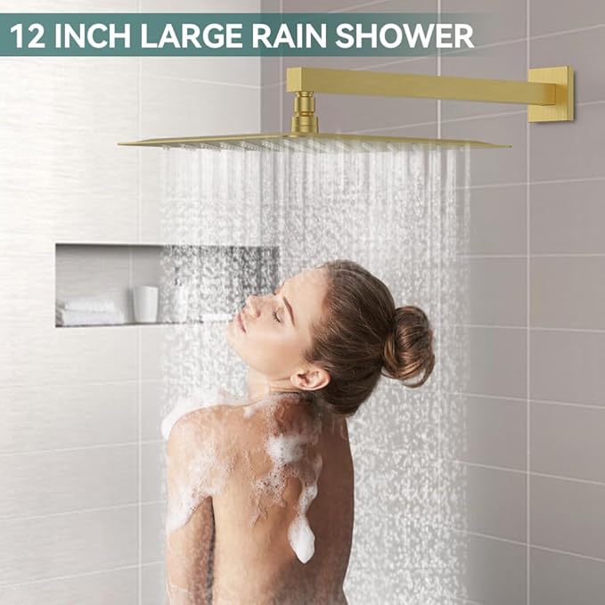 Shower Faucet Set Brushed Gold Shower System, Starbath 12" Rain Shower Head and Handheld Spray Shower Set Complete Wall Mounted,2 Way Pressure Balance Shower Valve and Trim Kit Included