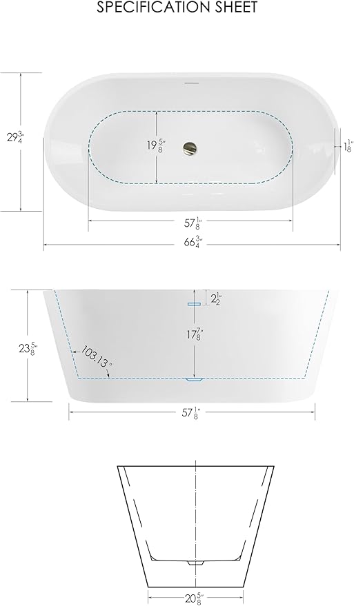 FerdY 67" Shangri-La Elite, Acrylic Freestanding Bathtub, Glossy White, Modern & Contemporary Design Soaking Tub with Brushed Nickel Pop-Up Drain and Minimalist Design Overflow, cUPC Certified