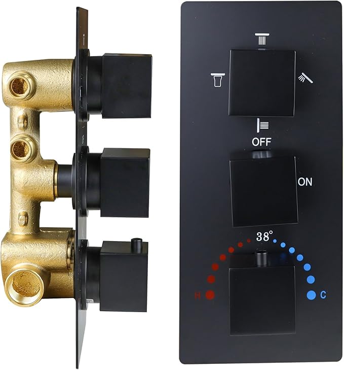 HOMEDEC Solid Brass 4 Ways Shower Diverter Valve, Thermostatic 3 Handles Control Shower Mixing Valve Trim Kit Rough In Replacement, Matte Black