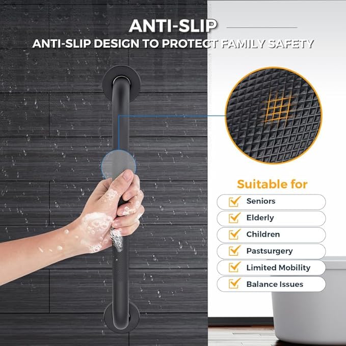 Grab Bars for Shower, 2 Pack 20-Inch Anti Slip Shower Handles for Elderly, Safety Shower Grab Bar, Stainless Steel Handicap Grab Bars for Bathroom (Black 1" Diameter)