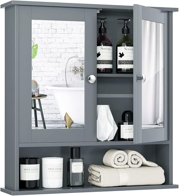 Tangkula Bathroom Medicine Cabinet with Mirror, Wall Mounted Wooden Hanging Organizer with Doors and Shelves, Bathroom Wall Mirror Cabinet (Mirror Doors, Gray)