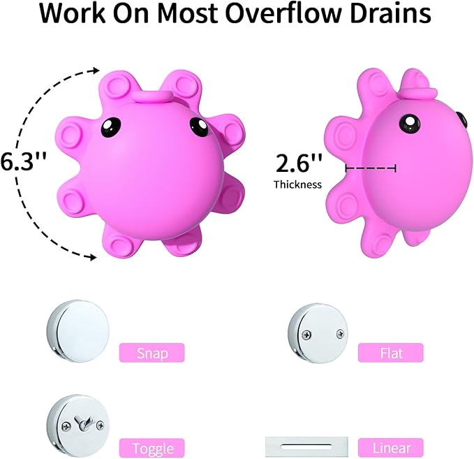Silicone Bathtub Overflow Drain Cover with Suction Cup - Adds Inches of Water for Deeper Bath, Deep Pink