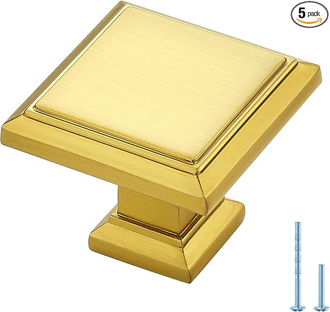 Ravinte Hardware 5 Pack Kitchen Cabinet Pulls Square Drawer Single Hole Handles Brushed Brass for Cupboard Gold Dresser Solid