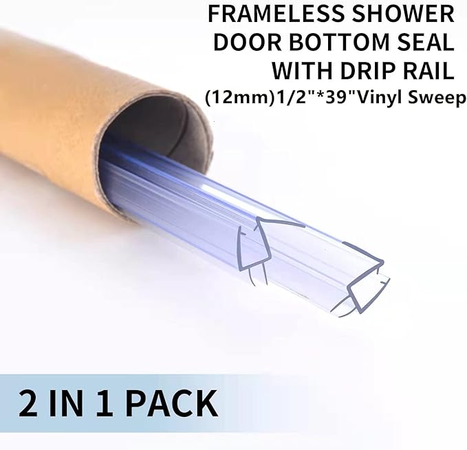 Shower Door Bottom Seal with Sweep 2Pack, 39"(990mm) Length PVC Clear Strips for 1/2"(10mm) Thick Frameless Glass Door, to Stop Water Leaking