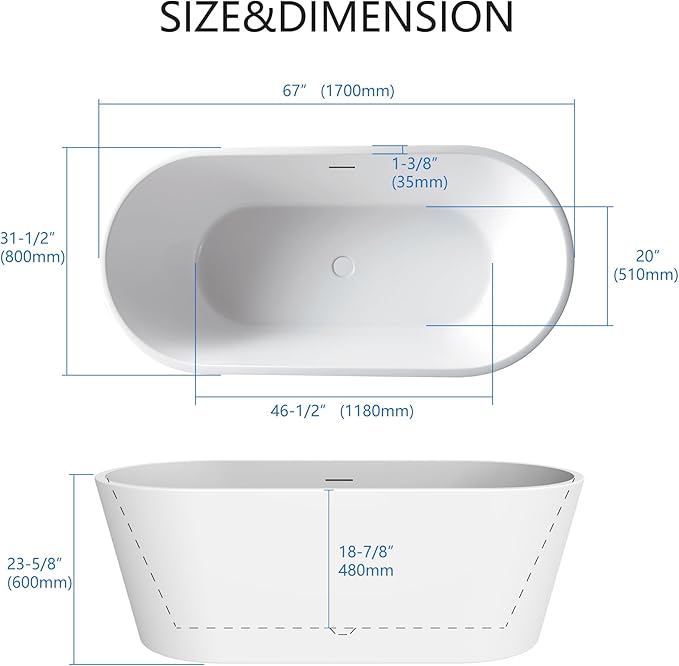 67" Acrylic Free Standing Tub, Stand Alone Tub, Freestanding Bathtub, Soaking Bathtub, cUPC Certified, SW(Glossy White)
