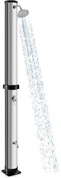 LDAILY Outdoor Shower, 10 Gallon Solar Heated Pool Shower with 360° Rotating Shower Head & Foot Tap, 7.2FT Freestanding Outside Shower Kits for Backyard, Beach, Garden (Black+Silver)