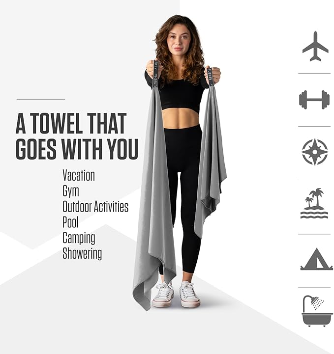 VENTURE 4TH Quick Dry Towel. Microfiber Travel Towel Ideal for Camping, Hiking, Backpacking, Gym. Lightweight & Fast Drying Travel Towels for Body. Compact & Easy to Pack - Light Gray Large