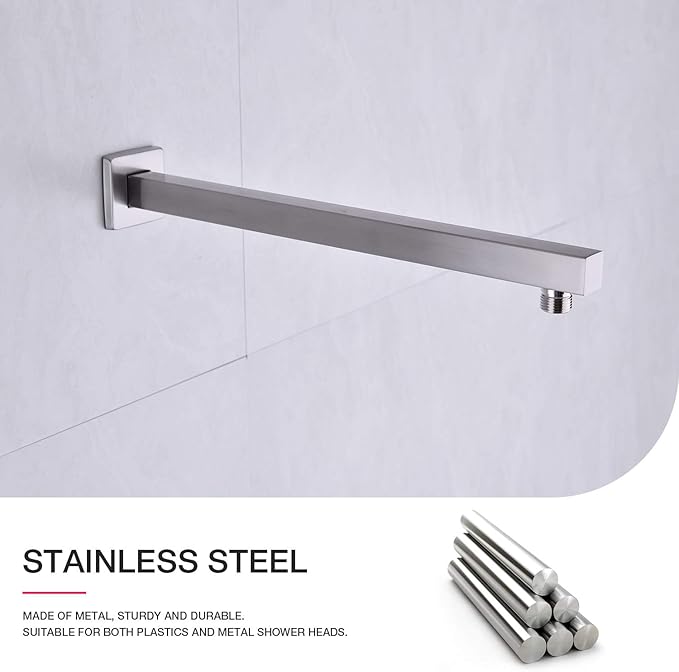 Square Shower Arm with Flange Heavy Duty Stainless Steel Rainfall Shower Head Extension Pipe, Bathroom Wall Mounted 16 Inch Extender Arm, Brushed Nickel